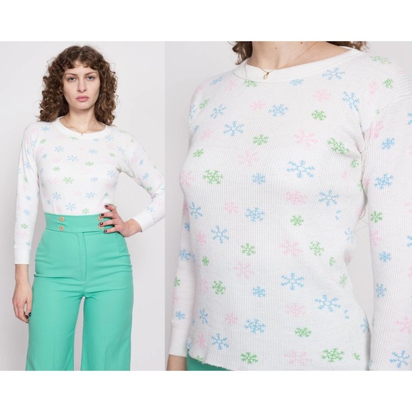 70s Snowflake Waffle Knit Shirt - Medium | Vintage Thermal Top - Picture 1 of 7